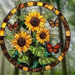 Sunflower 2D acrylic  Stained Glass look Art with Butterflies